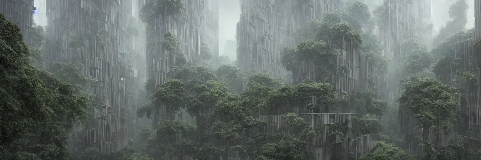 Image similar to brutalist architecture inspired by louis kahn deep in the rainforest. nature is taking over. matte painting in the style of eddie mendoza. mist. cinematic.