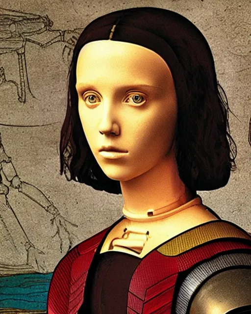 Image similar to millie bobby brown as a robot by leonardo da vinci