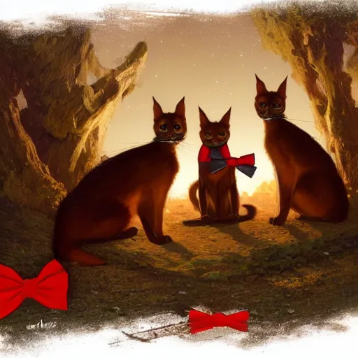 Image similar to three cute caracals wearing red bows and ties with guitar, campfire, night, atmospheric lighting, intricate, volumetric lighting, digital art, highly detailed by gaston bussiere, craig mullins, j. c. leyendecker 8 k