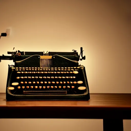 Image similar to painting of a typewriter on a desk in a dimly lit room, volumetric lighting, style of greg rutkowski