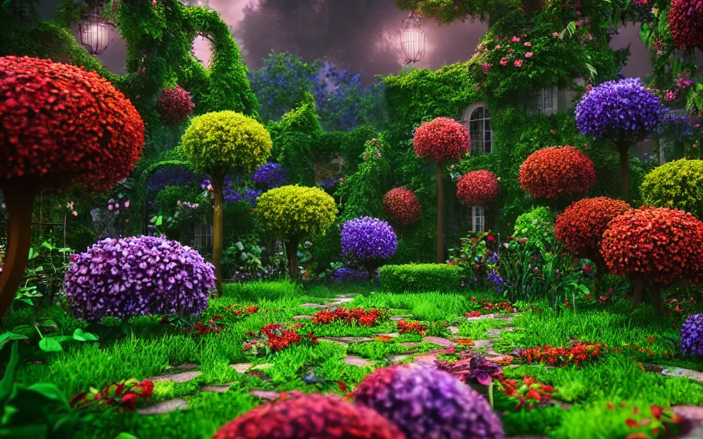 Image similar to a sprawling garden with many flowers and vines, rainy day, beautiful lighting, bright colors!, highly detailed, cinematic, octane render, 4 k, trending on artstation, deviantart featured