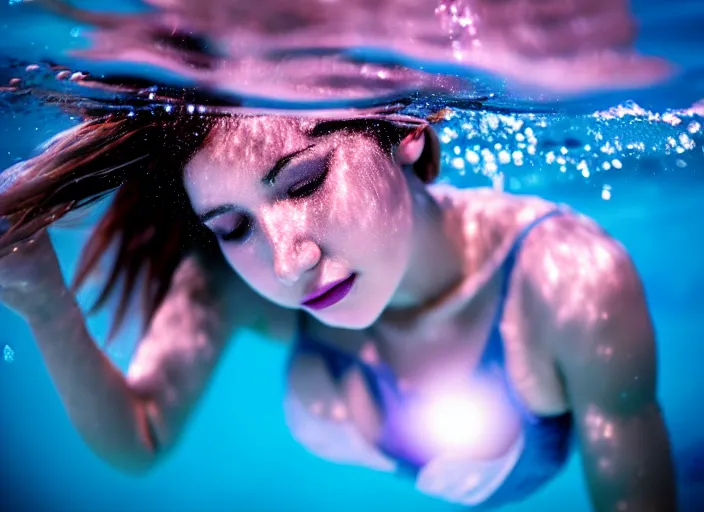 Prompt: under water pretty women, water light scattering, underwater photography, high details, 8 k, realistic shot, cinematic lighting