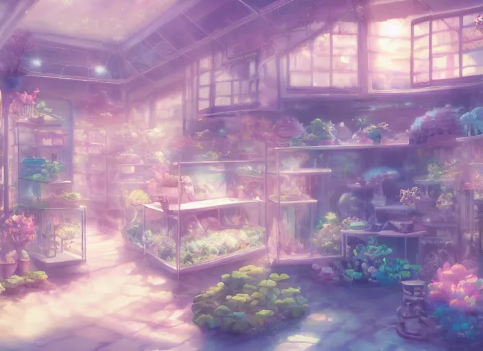 Image similar to placid pastel morning cozy moody cluttered painterly fluffy tiny cramped pet store, lots of aquariums, slanted ceiling, tiny space, particulate, trending on pixiv