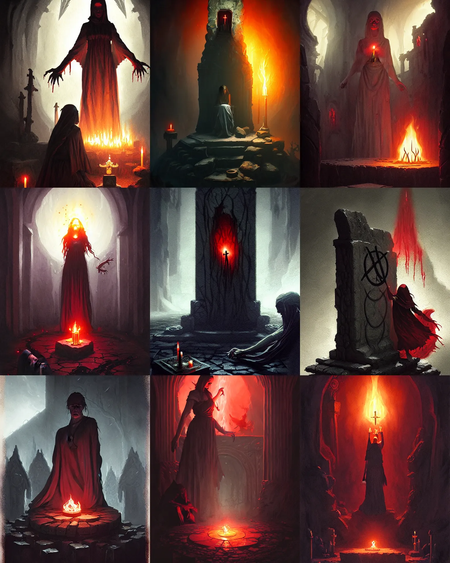 Prompt: cultist sacrifice girl on altar stone, blood, shadows, flames, dnd fantsay art, arkham horror, evil fluid, by greg rutkowski