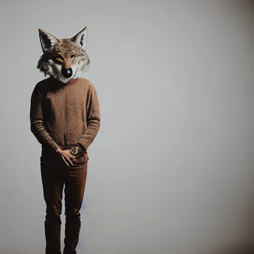 Prompt: coyote head (man) standing in a plain white room studio photo