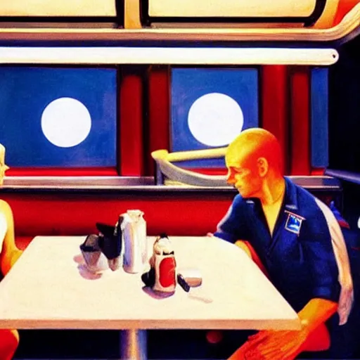 Image similar to two astronauts sitting in the corner booth at a greasy diner on the moon, edward hopper painting, iconic, stunning light