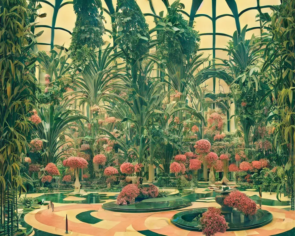 Prompt: an achingly beautiful print of the interior of an Art deco botanic garden, featuring flowing sculptured fountains, blooming tropical flowers, crystal chandeliers, and classical antiquities by Raphael, Hopper, and Rene Magritte. detailed, romantic, enchanting, trending on artstation.