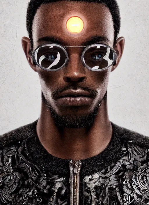 Prompt: an anthropomorphic beautiful black male portrait taking photos black letter jacket, glowing lens, short hair, fine art, award winning, intricate, elegant, sharp focus, octane render, hyperrealistic, cinematic lighting, highly detailed, digital painting, 8 k concept art, art by jamie hewlett and z. w. gu, masterpiece, trending on artstation, 8 k