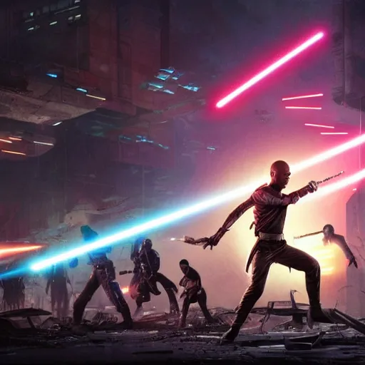 Prompt: mace windu holding a lightsaber fighting a group of dinosaurs in a destroyed cyberpunk city with lasers flying through the air by greg rutkowski
