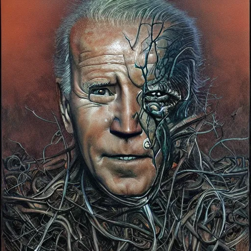 Prompt: joe biden as a shadow person, biopunk, body horror, creative design, environmental artwork, oil on canvas, by zdzisław beksinski, marco mazzoni, peter gric