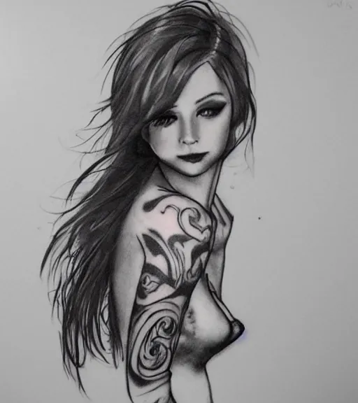 Image similar to tattoo design sketch of a beautiful girl with a faded mountain background, in the style of den yakovlev, black and white, realism tattoo, hyper realistic, highly detailed