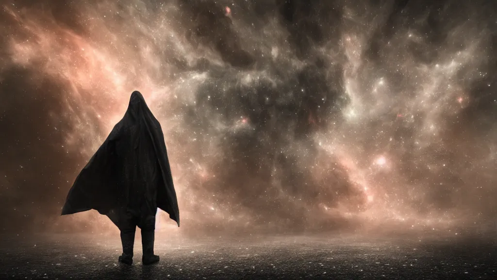 Prompt: a cloaked figure standing at the edge of existence, melancholic cinematic lighting, nebulae, galaxies, cold metallic floor, photorealistic, hyperdetailed 3D matte painting, hyperrealism, hyperrealistic, 8k ultraHD octane render