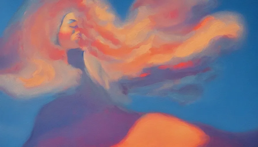 Image similar to painting of a beautiful curvy woman who looks like a cloud, realistic, detailed, orange / pink sky, dreamy