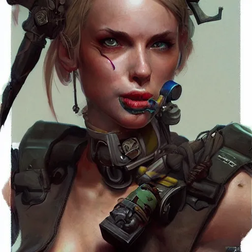 Prompt: tank girl, fantasy, portrait, highly detailed, waist up, low camera angle, digital painting, trending on artstation, concept art, sharp focus, illustration, art by artgerm and greg rutkowski and magali villeneuve