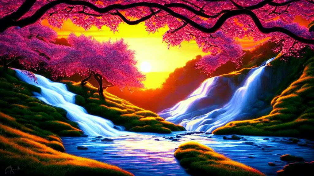 Image similar to featured on artstation cherry tree overlooking valley waterfall sunset beautiful image stylized digital art