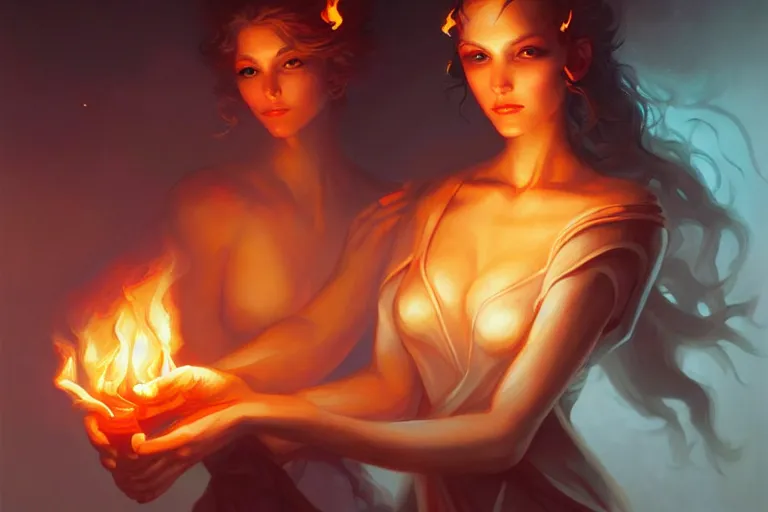 Prompt: fantasy portrait of a woman holding a flame in her hand, peter mohrbacher, artgerm, James Jean