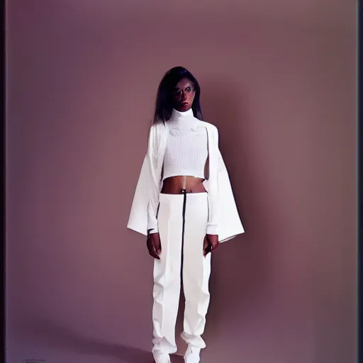 Image similar to realistic fashion photoshoot for a new balenciaga lookbook, color film photography, portrait of a beautiful woman in trendy clothes, in style of Nadine Ijewere, 35mm