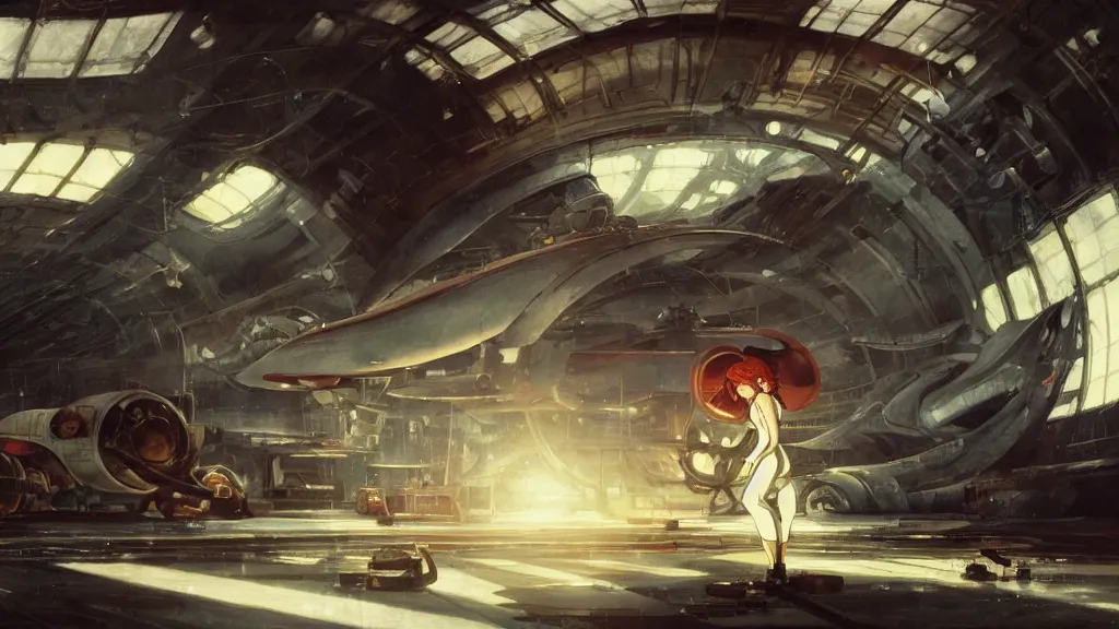 Prompt: a film still of a 1 9 5 0's mechanic anime girl repairing ufo in big hangar inside spaceship, sharp focus, finely detailed features, full body mid shot, perfect art, trending on pixiv fanbox, painted by gaston bussiere, makoto shinkai, akihiko yoshida, gaston bussiere, craig mullins