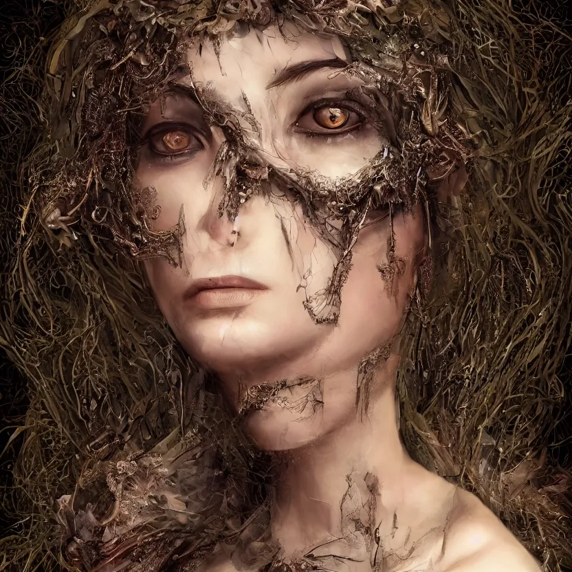 Image similar to mindblowing portrait of the enchantress queen, a stunning timeless beauty, breathtaking eyes, perfect skin, feathered eyelashes, royal gothic dress with a lot of leather, heavy silent hill aesthetic, incredibly intricate, digital art, blender, houdini & photoshop, very elegant & complex, hyper-maximalist, overdetailed, epic cinematic quality, biblical art lighting, photorealistic, lifelike, OLED, DSLR HDR 8k, face is the focus, facial feature symmetry, hyper composed, created by Nixeu & z--ed from deviantart