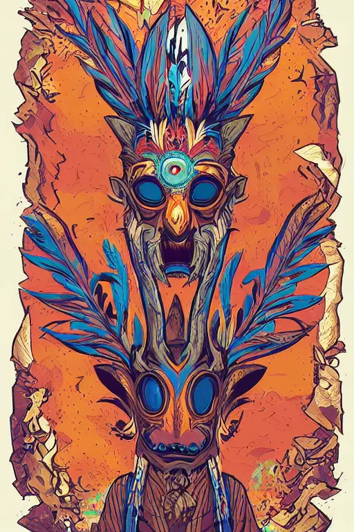 Image similar to animal mask totem roots flower tribal feather gemstone plant wood rock shaman vodoo video game vector cutout illustration vivid multicolor borderlands comics by josan gonzales and dan mumford radiating a glowing aura