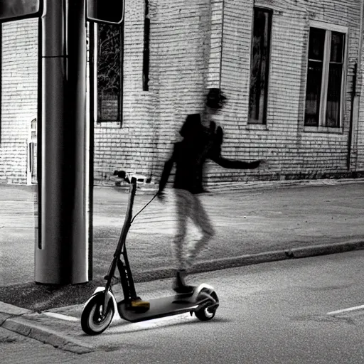 Image similar to retro 90s polaroid style realistic photo of a young skinny man who fell down after running his electric scooter into a telephone pole, image artifacts, flash photography