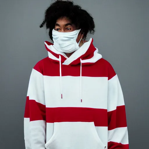 Prompt: portrait of a person wearing featureless white mask, wearing red and white stripes hoddie