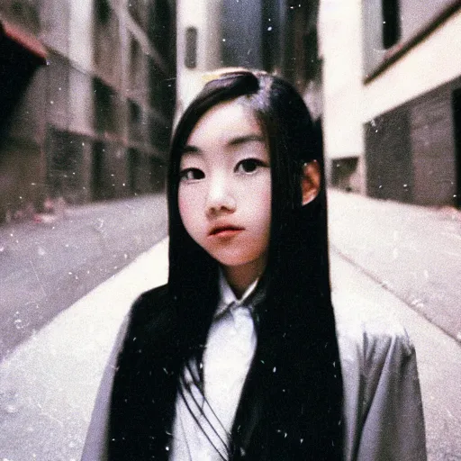 Prompt: 1990s perfect 8K HD professional photo of close-up japanese schoolgirl posing in sci-fi dystopian alleyway, at instagram, Behance, Adobe Lightroom, with instagram filters, depth of field, taken with polaroid kodak portra