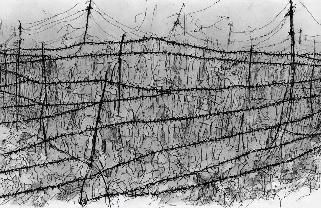 Prompt: milt kahl sketch of zombie apocalypse resistance camp with barbed wire fencing