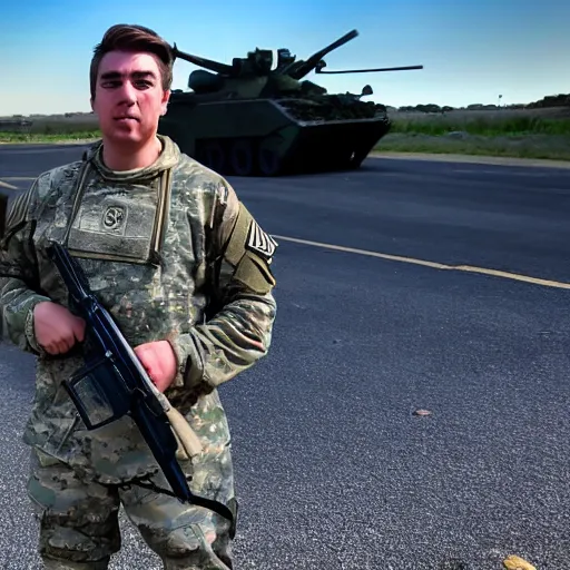 Image similar to mrbeast standing in front of an active military battlefield, posing, charismatic, gunfire, explosions in background