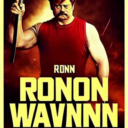 Prompt: High quality movie poster of Ron Swanson as Rambo, red sweatband