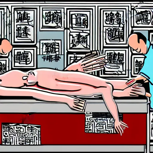 Image similar to chinese surgeons operating on a body on an operating table, in the style of daniel johnston and outsider art, 8k, line brush, minimal, overlaid with chinese adverts