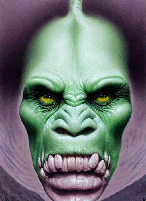 Image similar to green orc female, light green tone beautiful face by wayne barlowe