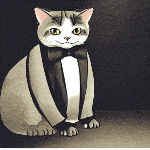 Image similar to photograph of a very fat and judgmental cat wearing a full tuxedo sitting in a dimly lit parlor lounge