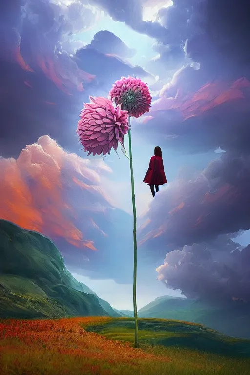 Image similar to perspective giant dahlia flower as head, girl standing on mountain, surreal photography, blue storm clouds, dramatic light, impressionist painting, digital painting, artstation, simon stalenhag