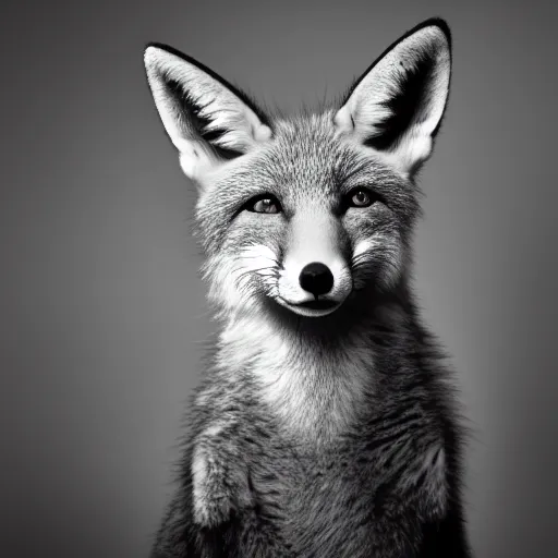 Image similar to portrait of a humanoid fox detective, studio portrait photography, studio lighting, black - and - white photograph, film noir, 4 k