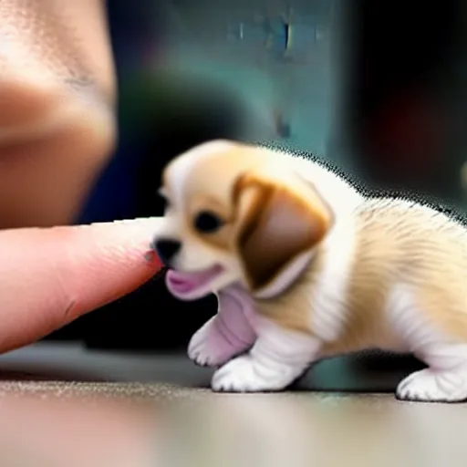 Prompt: a cyborg petting a tiny puppy, cute, hyperrealistic