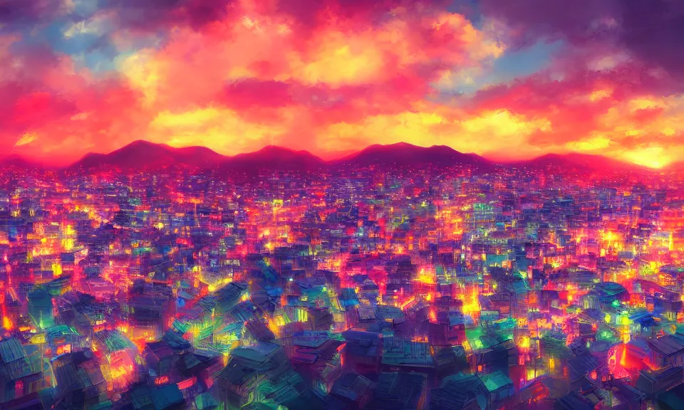 Image similar to a colorful glowing heavenly japanese city, sunset, moist, pastel, artstation, digital art.