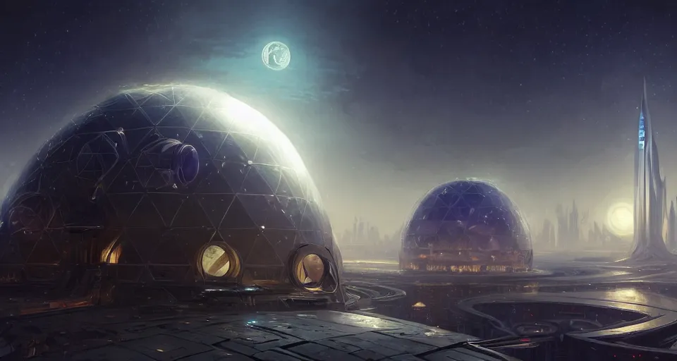 Image similar to cinematic shot, futuristic city on the moon inside a giant geodesic dome, utopian, night, stars, digital painting, artstation, concept art, smooth, sharp focus, illustration, intricate, elegant, highly detailed, in the style of greg rutkowski and alphonse mucha and artemisia, 8 k, highly detailed, jurgens, rutkowski