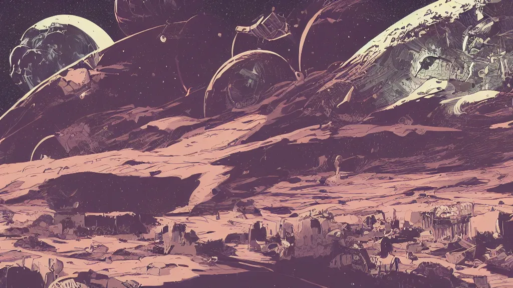 Image similar to very detailed, prophet graphic novel, ilya kuvshinov, mcbess, rutkowski, simon roy, illustration of a dead planet as seen from space, wide shot, colorful, deep shadows, astrophotography