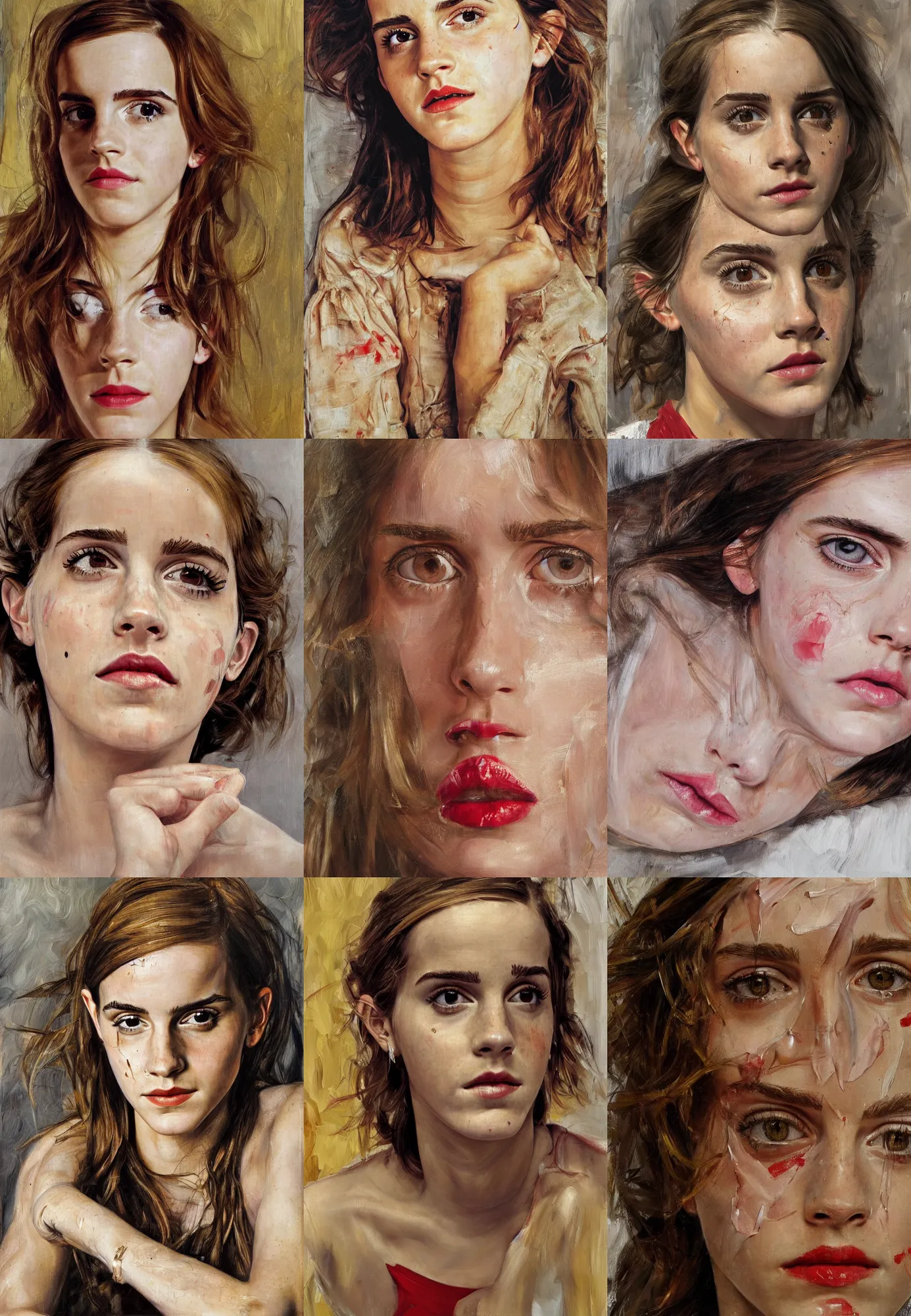 Prompt: high quality high detail portrait emma watson painting by lucian freud and jenny saville, hd, golden eal, red