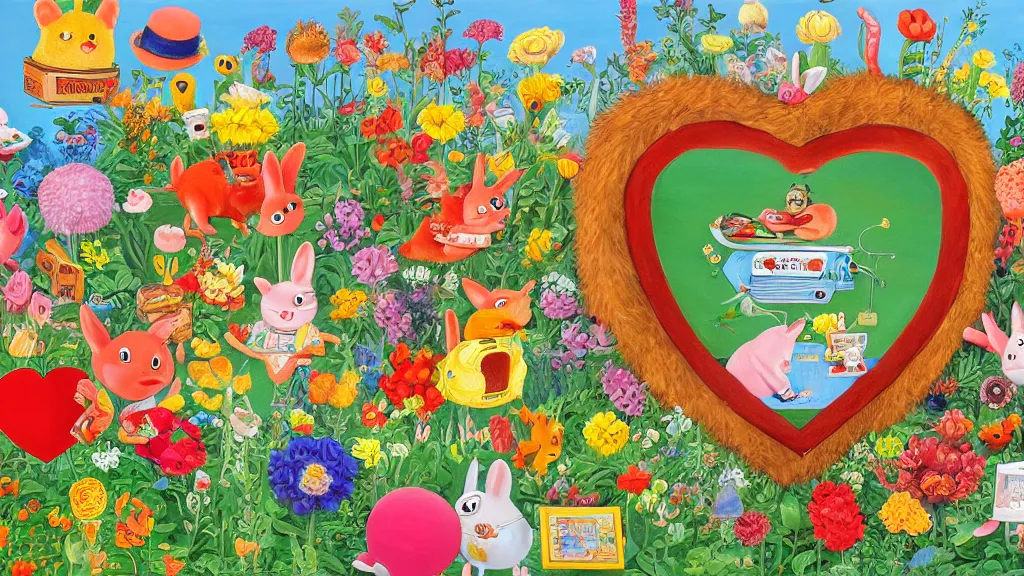 Image similar to highly detailed richard scarry oil painting of a heart surrounded by all the known species of flowers