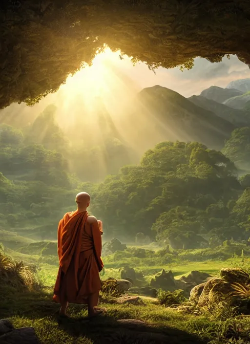 Prompt: a cosmic monk in lord of the rings scenery landscape, looking out at a vast lush valley at sunrise, huge temple in the distance, god's rays, highly detailed, vivid color, cinematic lighting, perfect composition, 8 k, gustave dore, derek zabrocki, greg rutkowski, belsinski, octane render