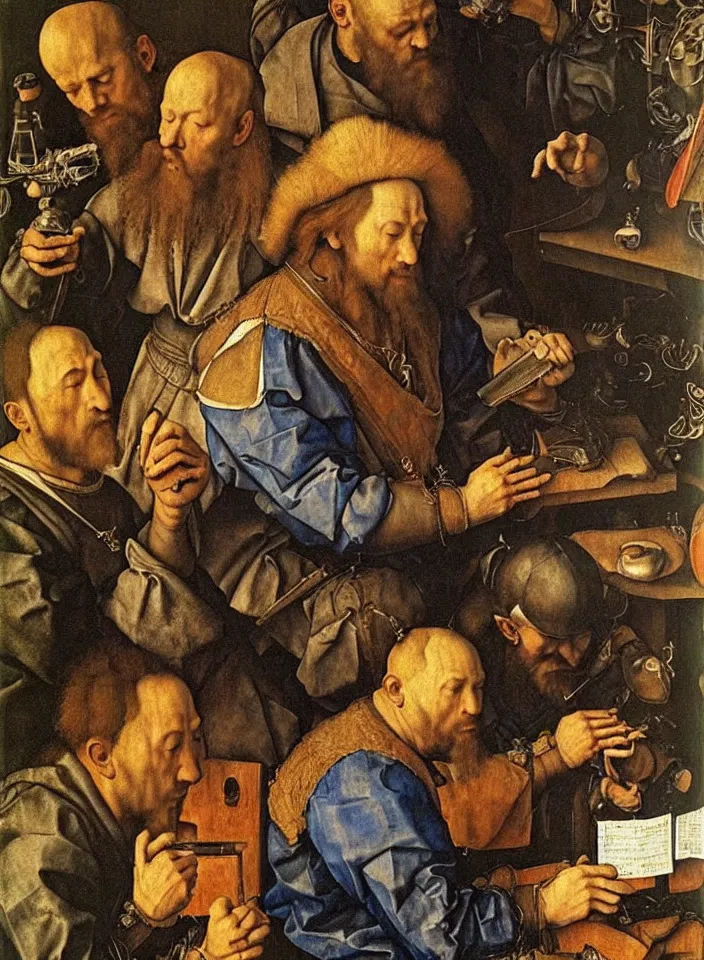 Image similar to Men playing video games. Painting by Albrecht Dürer. Intricate details. hyper realism. Masterpiece.