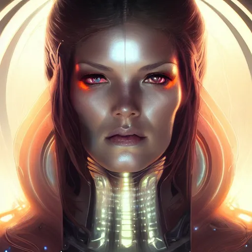 Image similar to futuristic woman portrait, sci-fi, amber eyes, face, long hair, fantasy, intricate, elegant, highly detailed, digital painting, artstation, concept art, smooth, sharp focus, illustration, art by artgerm and greg rutkowski and alphonse mucha