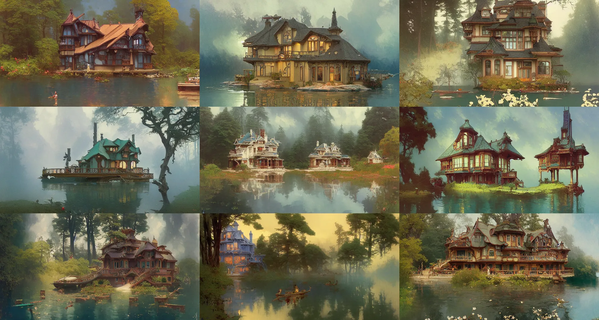 Prompt: very small lake house, art nouveau architecture, fantasy, art by joseph leyendecker, peter mohrbacher, ivan aivazovsky, ruan jia, reza afshar, marc simonetti, alphonse mucha