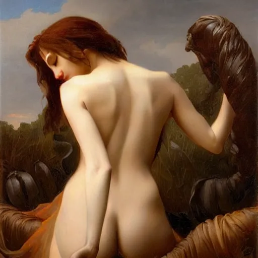 Image similar to oil painting of a beautiful woman mourning the death of a monster by Guillaume Seignac