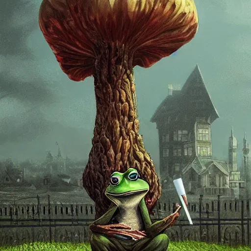 Image similar to A portrait of a scary godlike anthropomorphic frog smoking a cigarette , mansion made of mushrooms in background . award winning. superb resolution. in the art style of junji Ito and greg rutkowski . Detailed Mushroom city in background. Hyper realistic anime. Perfect art. Dalle2