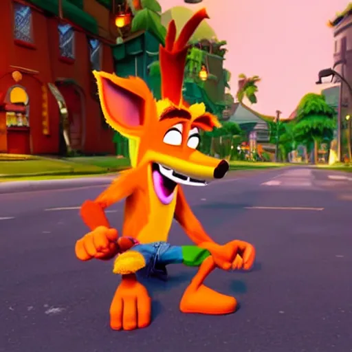 Prompt: Crash Bandicoot eating a cheeseburger in the middle of a street, cinematic lighting