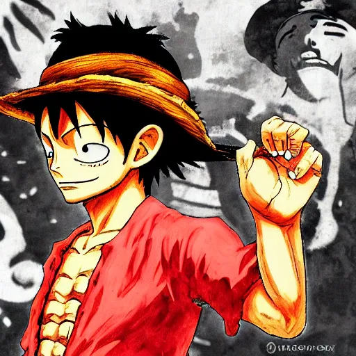 Image similar to Luffy the Pirate in the style of Red Dead Redemption 2 cover art