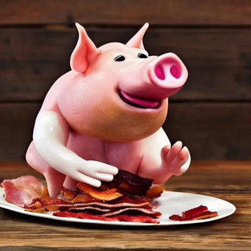 Prompt: Porkie the Pig eating bacon.